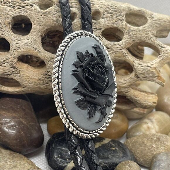 Black Gray Rose Wedding Cameo Pendant Bolo Lariat Tie Victorian Fathers day dad - Picture 3 of 8